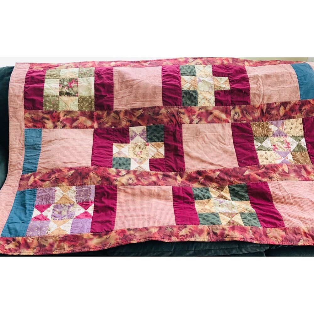 Vintage Hand Made Throw Quilt 66"X41" Cotton Burgundy/Beige